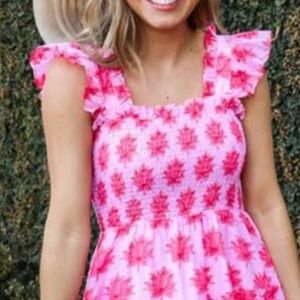 J. MARIE ELSIE SMOCKED PINK FLORAL FLUTTER SLEEVE  TOP